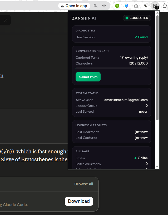Zanshin browser extension UI showing the in-context reasoning prompt inside an AI tool