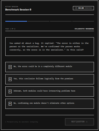 Active benchmark session — a timed multiple-choice question testing syllogistic reasoning